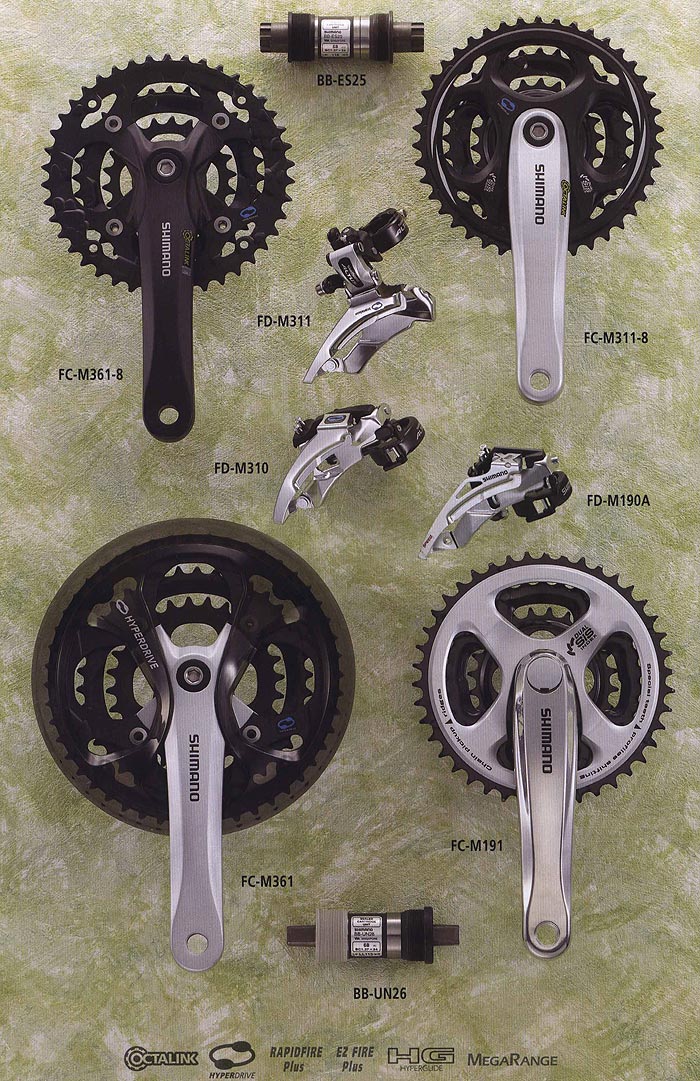BB-ES25 FC-M361-8 FD-M311 FD-M310 FC-M311-8 FD-M190A FC-M361 FC-M191 BB-UN26. 
Компоненты для горного велосипеда. 
Велосипедные компоненты Shimano 2010 года.